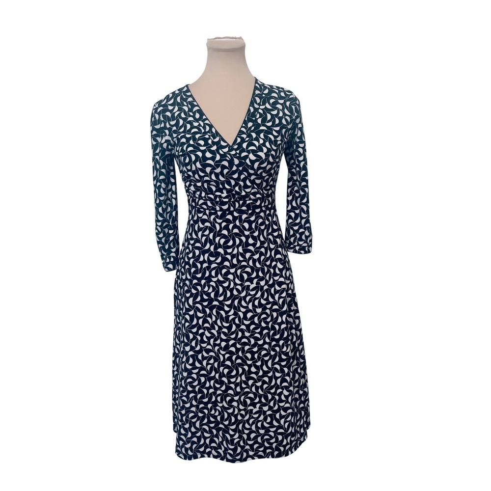 Sigrid Olsen Faux Wrap Dress XS Navy White Geometric Print Midi Modest Classic
